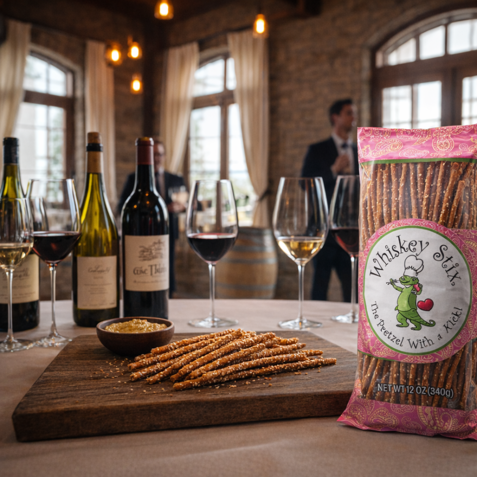 Whiskey Stick pretzels on a wooden board with wine glasses and bottles in a rustic setting